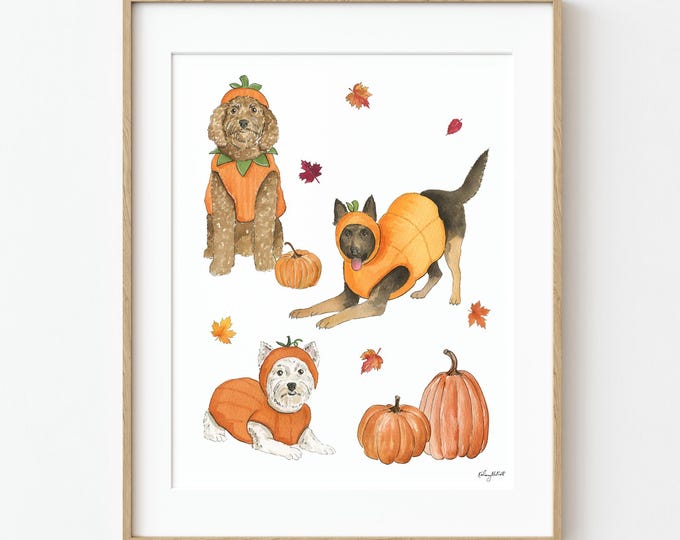 Halloween Pumpkin Costume Dogs Watercolor Art Print, Dog Wall Art, Fall Home Decor, Fall Art Print, Halloween Home Decor