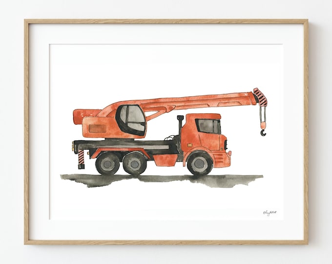 Crane Truck Wall Art, Construction Room Decor, Watercolor Painting, Kids Transportation Prints, Orange Crane, Toddler Boy Truck Room