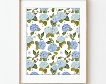Blue Hydrangea Pattern Wall Art, Watercolor Hydrangea Floral Art Print, Hydrangea Preppy Decor, Hydrangeas Painting, Watercolor Painting