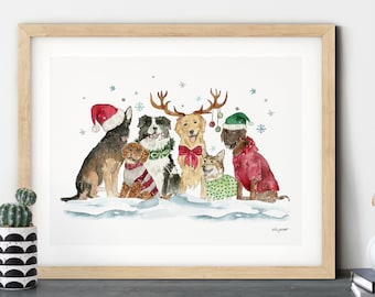 Christmas Dog Wall Art, Happy Howlidays, Holiday Dog Decor, Watercolor Painting, Golden Retriever Holiday Print, Christmas Dog Sweaters