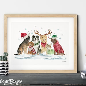 Christmas Dog Wall Art, Happy Howlidays, Holiday Dog Decor, Watercolor Painting, Golden Retriever Holiday Print, Christmas Dog Sweaters