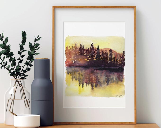 Misty Trees Watercolor painting, Forest Print, Nature Print, Landscape Print, Nature Tree Wall Art, Forest Print Living Room Decor, Woodland