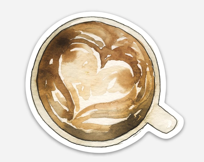 Coffee Lover Sticker, Watercolor Latte Heart Sticker, Coffee Cup Vinyl Sticker, 3x3 Die Cut Sticker, Sticker for Tumbler and Labtop