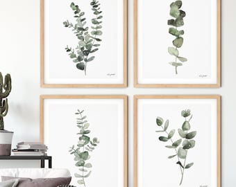 Eucalyptus Print Set of 4, Watercolor Painting, Gallery Wall Set, Kitchen Print, Botanical Illustration, Fern Print, Eucalyptus Plant