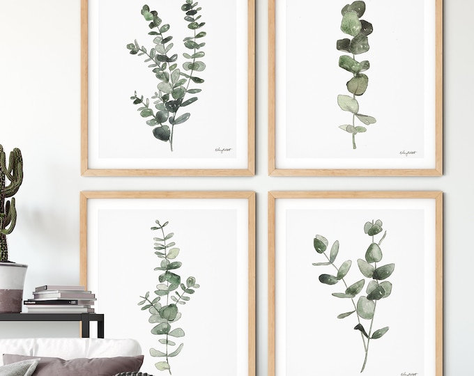 Eucalyptus Print Set of 4, Watercolor Painting, Gallery Wall Set, Kitchen Print, Botanical Illustration, Fern Print, Eucalyptus Plant