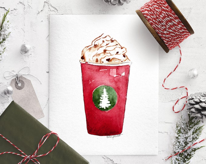 Starbucks Red Cup Art, Christmas Watercolor Painting, Holiday Art, Coffee Decor, Kitchen Wall Art, Holiday Kitchen Decor, Coffee Wall Art