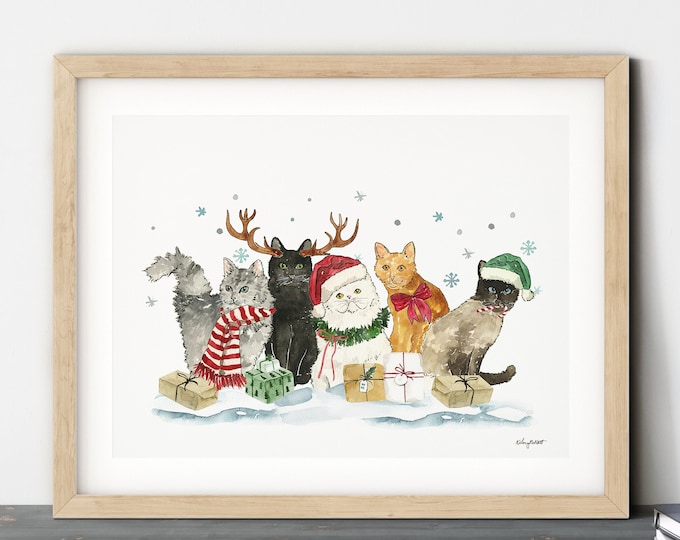 Christmas Cats Wall Art, Holiday Cat Decor, Watercolor Painting, Whimsical Christmas, Holiday Art Print, Christmas Cat Sweaters