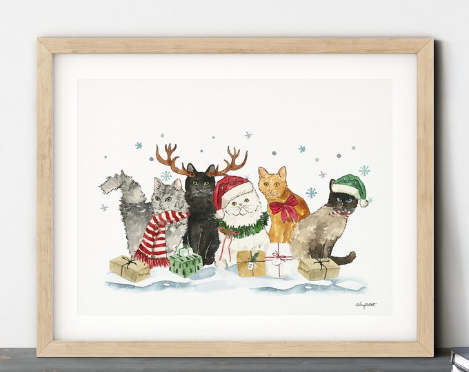 Christmas Cats Wall Art, Holiday Cat Decor, Watercolor Painting, Whimsical Christmas, Holiday Art Print, Christmas Cat Sweaters