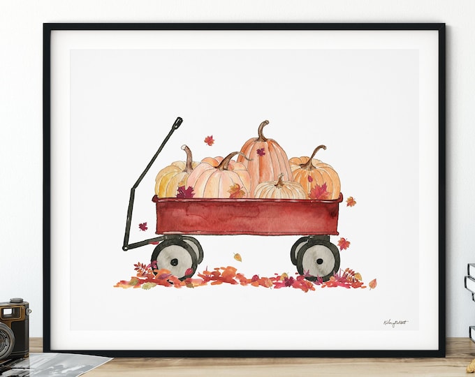 Red Wagon Fall Wall Art, Pumpkin Wagon Art Print, Pumpkin Patch Wall Art, Farmhouse Decor, Watercolor Painting, Rustic Fall Decor