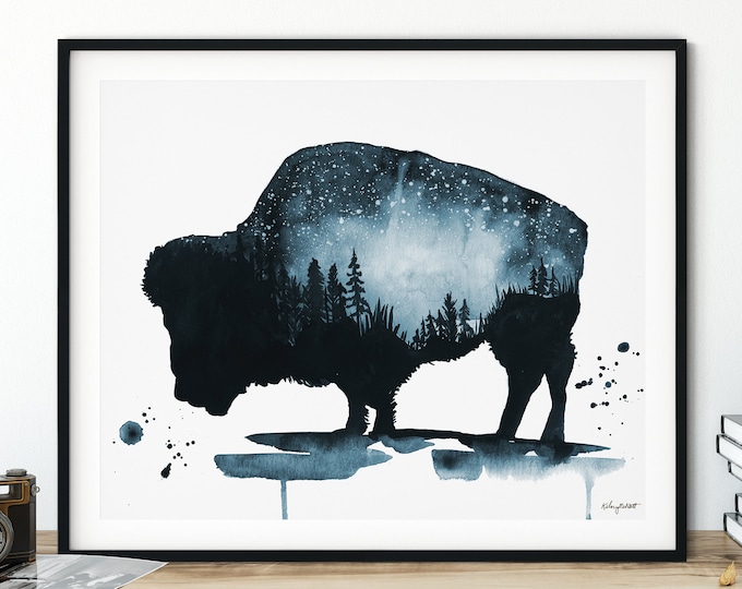 Navy Blue Buffalo Print, Bison Print, Watercolor Painting, Galaxy Wall Art, Boho Animal Nursery, Bison Watercolor, Buffalo Nursery Decor