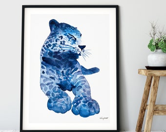 Leopard Wall Art, Watercolor Painting, Blue Leopard Art Print, Nursery Decor, Safari Animals Print, Cheetah Home Decor, Cheetah Wall Art
