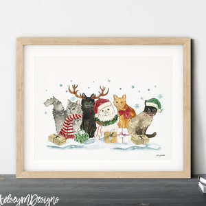 Christmas Cats Wall Art, Holiday Cat Decor, Watercolor Painting, Whimsical Christmas, Holiday Art Print, Christmas Cat Sweaters