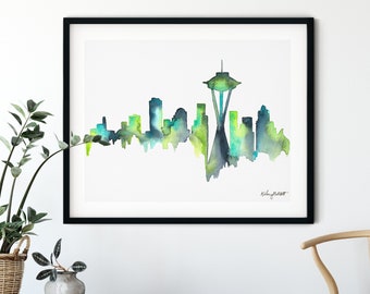 Seattle Skyline Print, Watercolor Painting, Seattle City Poster, Seattle Cityscape, Seahawks Gifts, Seattle Washington, Abstract Skyline Art