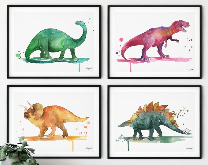 Set of 4 Dinosaur Prints, Kids Gallery Wall Set, Dinosaur Wall Art, Dinosaur Print Nursery, Watercolor Painting, T-Rex Print, Dinosaur Decor