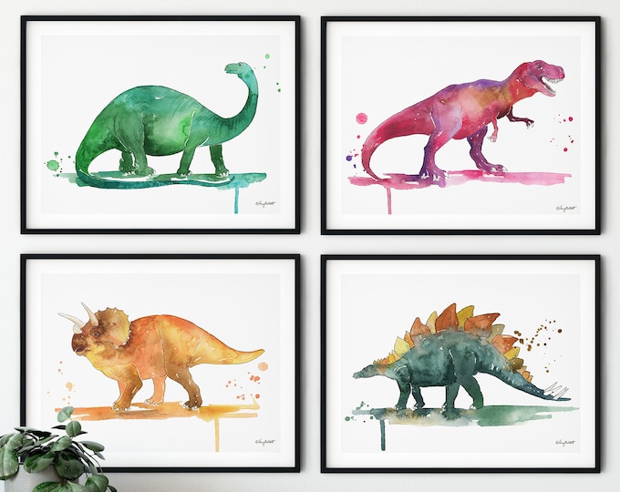 Set of 4 Dinosaur Prints, Kids Gallery Wall Set, Dinosaur Wall Art, Dinosaur Print Nursery, Watercolor Painting, T-Rex Print, Dinosaur Decor