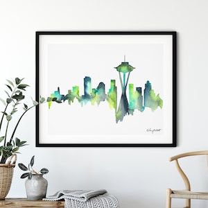 Seattle Skyline Print, Watercolor Painting, Seattle City Poster, Seattle Cityscape, Seahawks Gifts, Seattle Washington, Abstract Skyline Art