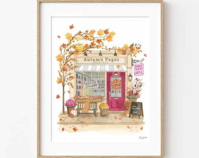 Autumn Bookshop Watercolor Art Print, Fall Bookstore Wall Art, Cozy Reading Room Decor, Book Lover Gift, Fall Wall Decor