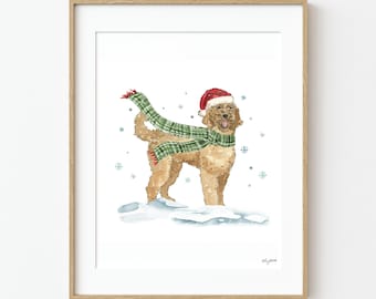 Christmas Golden Doodle Dog Art Print, Holiday Wall Art, Cute Christmas Dog Decor, Watercolor Golden Doodle Print for Dog Lovers