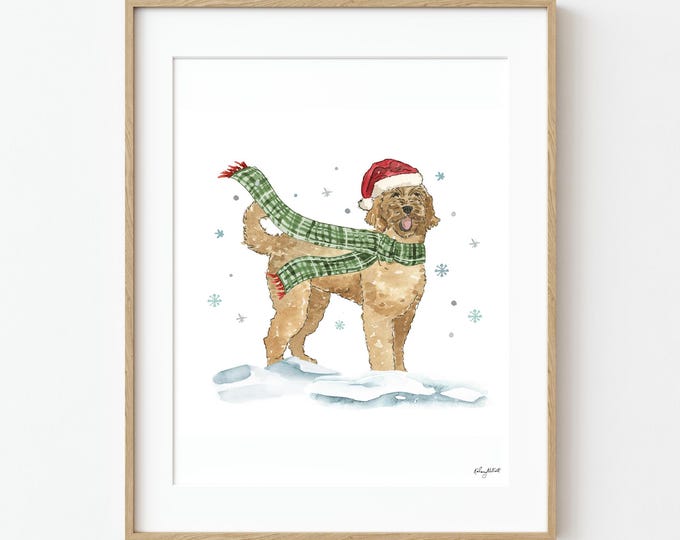 Christmas Golden Doodle Dog Art Print, Holiday Wall Art, Cute Christmas Dog Decor, Watercolor Golden Doodle Print for Dog Lovers