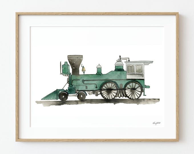 Steam Locomotive Train Wall Art, Watercolor Painting, Transportation Decor, Train Boy Room Decor, Kids Bedroom Art, Train Art Print