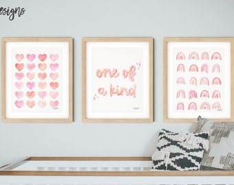 Set of 3 Blush Pink Nursery Art Prints, One of a kind Girl Room Decor, Girls Blush Wall Art, Pink Watercolor, Boho Pink Rainbow Wall Art