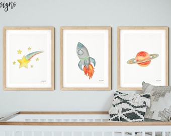 Set of 3 Space Prints, Outer Space Decor, Shooting Star, Rocket Ship Print, Space Nursery Decor, Nursery Wall Art, Watercolor Painting