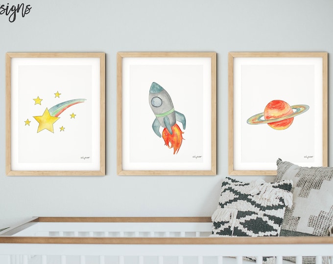 Set of 3 Space Prints, Outer Space Decor, Shooting Star, Rocket Ship Print, Space Nursery Decor, Nursery Wall Art, Watercolor Painting
