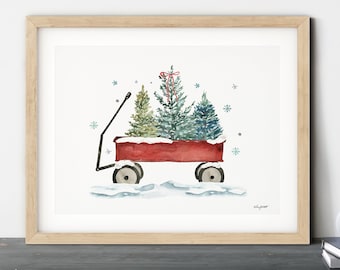Red Wagon Christmas Wall Art, Holiday Wagon Art Print, Christmas Tree Wall Art, Farmhouse Decor, Watercolor Painting, Rustic Christmas Art