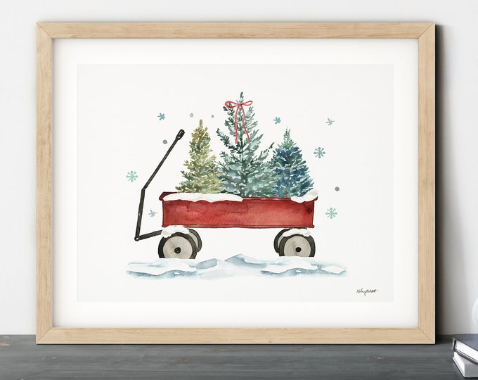 Red Wagon Christmas Wall Art, Holiday Wagon Art Print, Christmas Tree Wall Art, Farmhouse Decor, Watercolor Painting, Rustic Christmas Art