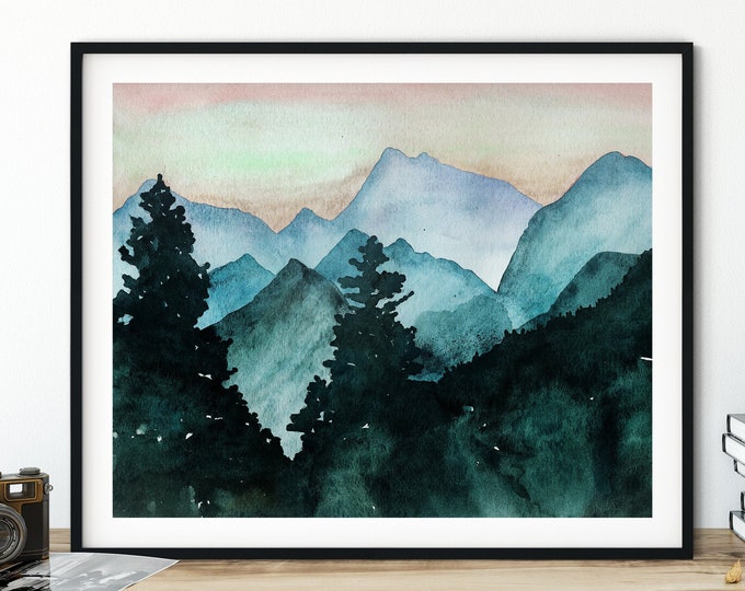 Forest Print, Tree Print, Woodland Nursery, Mountain Modern Art, Watercolor Painting, Mountain Landscape, Evergreen Trees, Cabin Home Decor