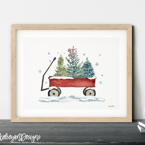 Red Wagon Christmas Wall Art, Holiday Wagon Art Print, Christmas Tree Wall Art, Farmhouse Decor, Watercolor Painting, Rustic Christmas Art