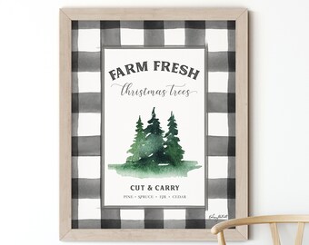 Farm Fresh Christmas Trees Sign, Farmhouse Christmas Art, Buffalo Check Holiday Wall Art, Watercolor Painting, Plaid Rustic Christmas Tree