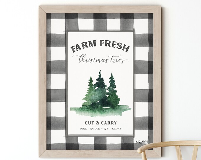 Farm Fresh Christmas Trees Sign, Farmhouse Christmas Art, Buffalo Check Holiday Wall Art, Watercolor Painting, Plaid Rustic Christmas Tree