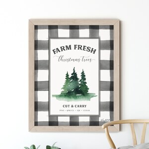 Bauernhof frische Weihnachtsbäume Zeichen, Bauernhaus Weihnachtskunst, Buffalo Check Urlaub Wandkunst, Aquarell Malerei, karierter rustikaler Weihnachtsbaum