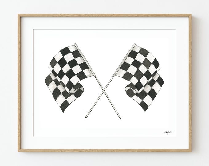 Black and White Checkered Race Flags Art Print, Boys Racing Wall Art, Kids Room Decor for Car Lovers, Race Track Nursery Print
