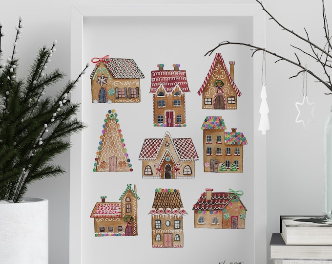 Gingerbread House Print, Kitchen Holiday Decor, Christmas Art Print, Watercolor Painting, Gingerbread Man, Holiday Wall Art, Kitchen Print