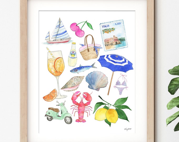 Amalfi Coast Summer Wall Art, Italy Watercolor Painting, Italy Home Decor, Travel Art Print, Italian Girl Summer, Coastal Watercolor Art