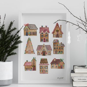 Gingerbread House Print, Kitchen Holiday Decor, Christmas Art Print, Watercolor Painting, Gingerbread Man, Holiday Wall Art, Kitchen Print
