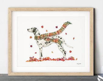 Fall Dog Wall Art, Dalmatian Dog Art Print, Autumn Home Decor, Plaid Fall Wall Art, Halloween Art Print, Fall Decor, Dalmatian Dog Gift