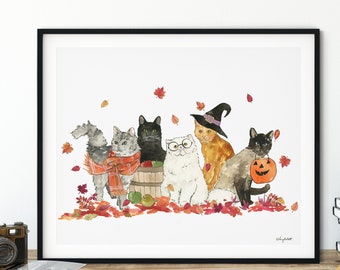 Halloween Katzen Wandkunst, Katzenkostüm, Herbst Dekoration, Herbst Kunstdruck, Halloween Kunstdruck, Halloween Dekoration, Aquarell Katzenkunst