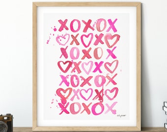 DIGITAL DOWNLOAD - XOXOX Valentines Day Art Printable, Love Wall Art, Valentines Decor, Watercolor Valentines Sign, Heart xoxo Printable