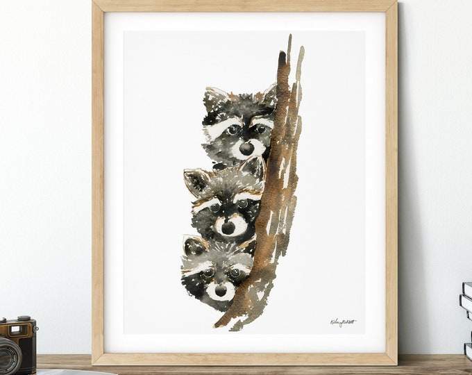 Racoon Print, Watercolor Painting, Racoon Art, Baby Racoons Wall Print, Woodland Animals, Nursery Decor, Baby Animal Art, Racoon Poster