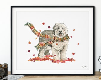 Fall Dog Wall Art, Old English Sheepdog Art Print, Autumn Home Decor, Plaid Fall Wall Art, Halloween Art Print, Fall Decor, Sheep Dog Gift