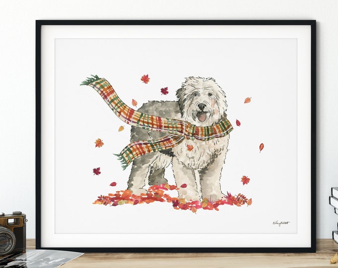 Fall Dog Wall Art, Old English Sheepdog Art Print, Autumn Home Decor, Plaid Fall Wall Art, Halloween Art Print, Fall Decor, Sheep Dog Gift