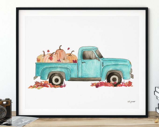 DIGITAL DOWNLOAD - Blue Vintage Truck Art, Fall Pickup Truck, Farmhouse Decor, Pumpkin Wall Art, Pumpkin Truck Decor, Fall Farmhouse Art