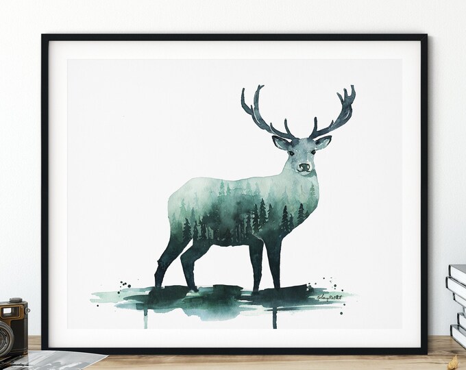 Deer Print, Deer Watercolor Painting, Deer Stag Wall Art Painting, Woodland Animal, Evergreen Trees, Deer Nursery Decor, Deer Wall Antlers