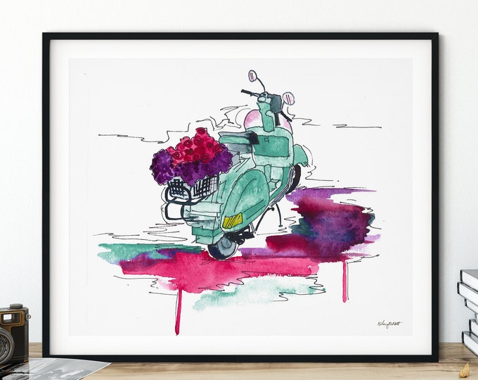 Vespa Print, Italy Art Print, Italian Scooter Wall Decor, Mint Vespa Scooter Art, Watercolor Painting, Vespa Flower Basket, Vintage Vespa