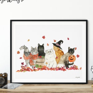 May include: A watercolor painting of five cats dressed up for Halloween. The cats are wearing costumes such as a witch's hat, a scarf, and glasses. They are surrounded by autumn leaves and a pumpkin.