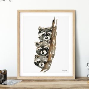 Racoon Print, Watercolor Painting, Racoon Art, Baby Racoons Wall Print, Woodland Animals, Nursery Decor, Baby Animal Art, Racoon Poster