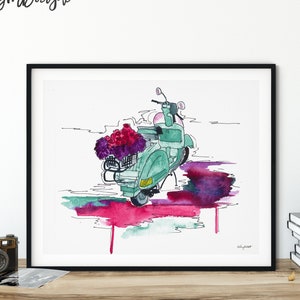 Vespa Print, Italy Art Print, Italian Scooter Wall Decor, Mint Vespa Scooter Art, Watercolor Painting, Vespa Flower Basket, Vintage Vespa